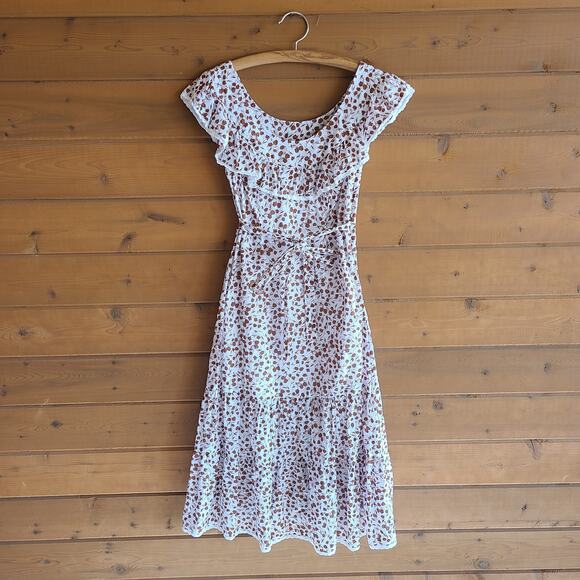 RIXO Dresses & Skirts - Rixo Target Brown Boho Floral Ruffle Prairie Midi Dress Tie Waist Cottage XXS